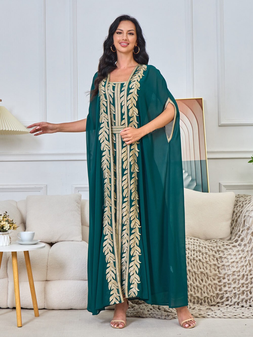 2 Pieces Set Embroideried Green Kaftan With Belt