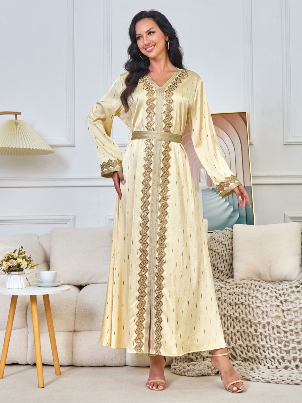 Gold Foil Tape Luxury Mulism Robe Embellished Kaftan