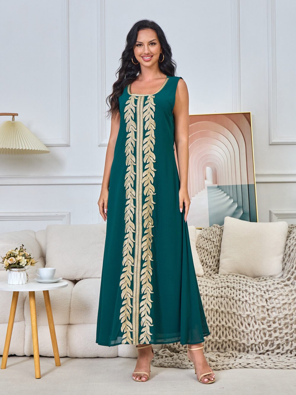 2 Pieces Set Embroideried Green Kaftan With Belt