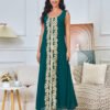 2 Pieces Set Embroideried Green Kaftan With Belt