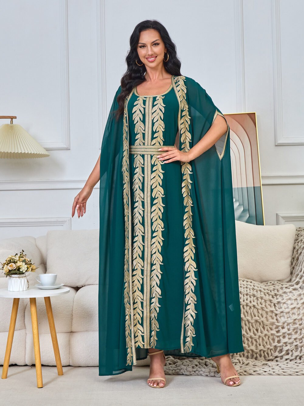 2 Pieces Set Embroideried Green Kaftan With Belt