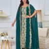 2 Pieces Set Embroideried Green Kaftan With Belt