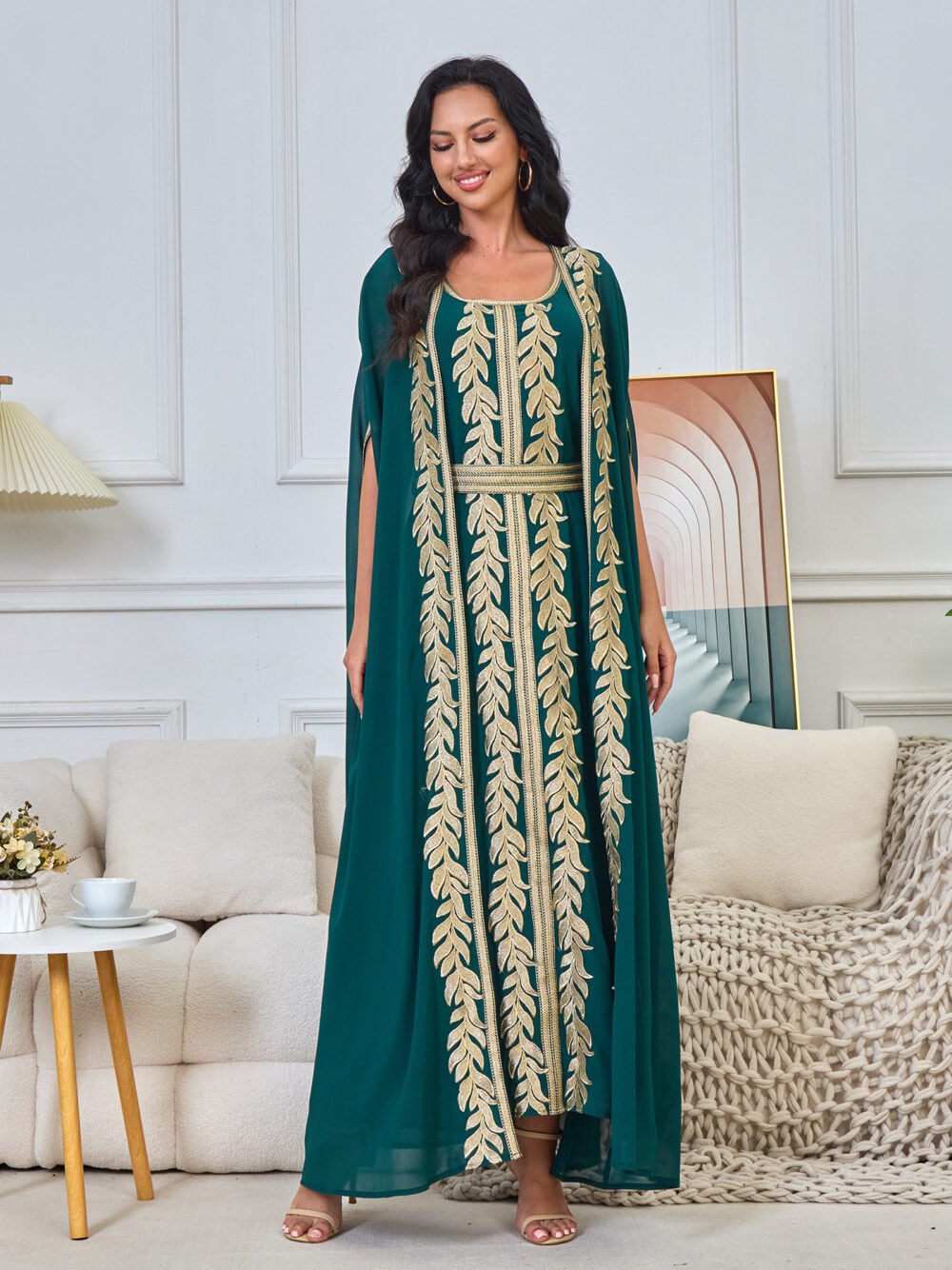 2 Pieces Set Embroideried Green Kaftan With Belt