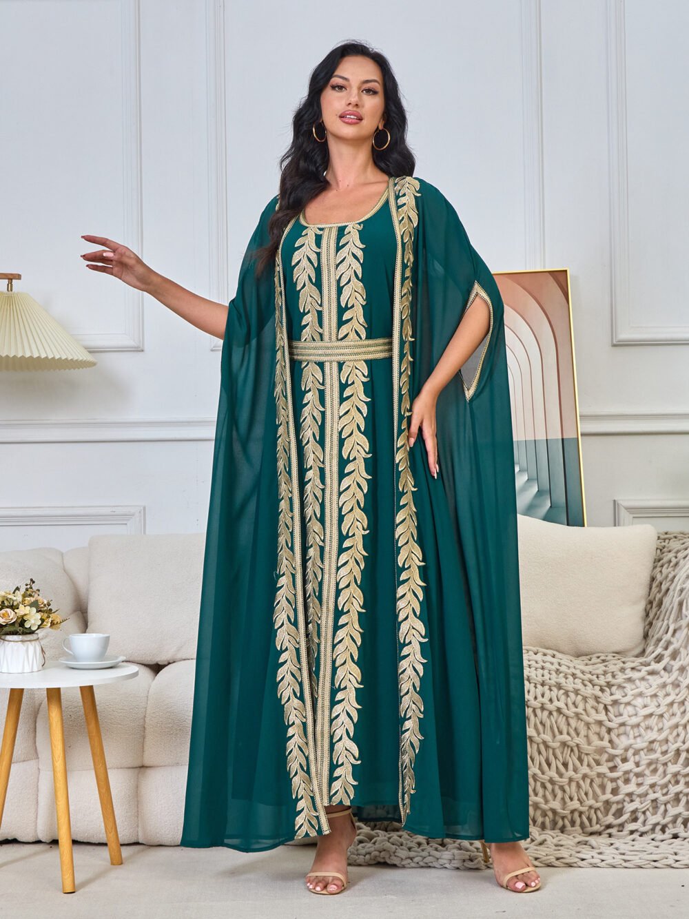 2 Pieces Set Embroideried Green Kaftan With Belt