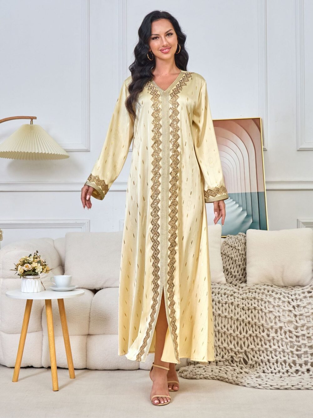 Gold Foil Tape Luxury Mulism Robe Embellished Kaftan