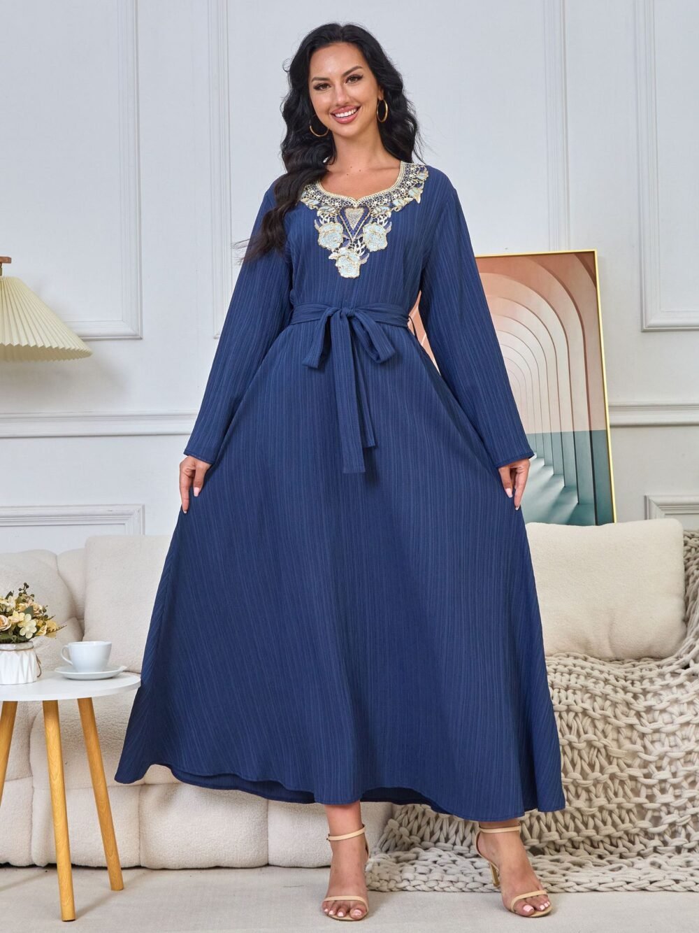 Floral Embroidered Muslim Belted Midi Dress