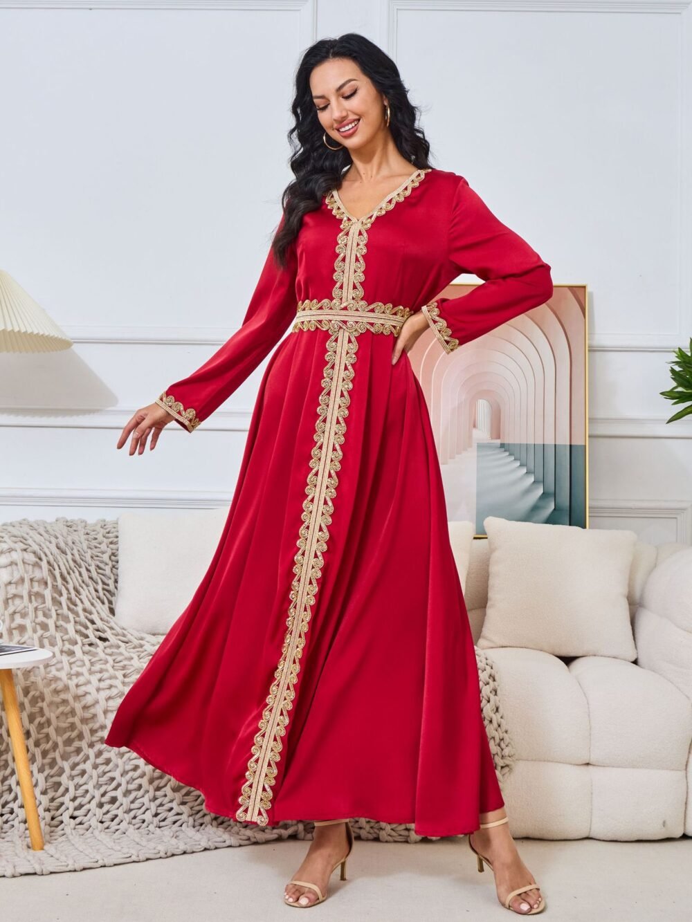 Beaded Red Kaftan Dress With Belt