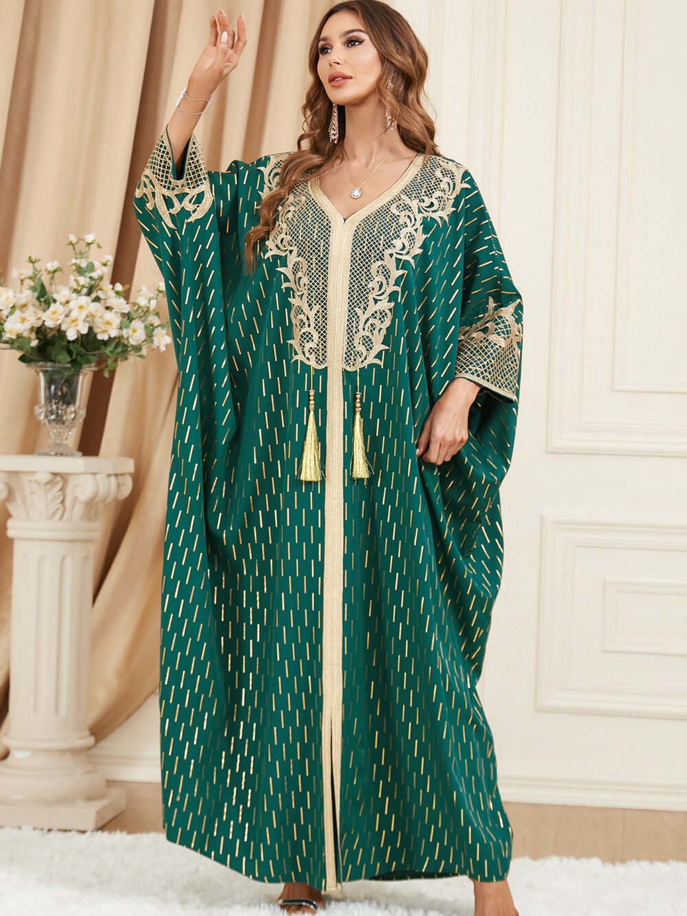 Gold Foil Tassel Decor Green Muslim Kaftan