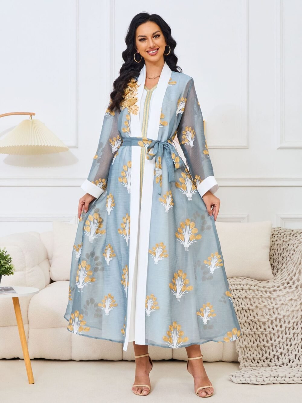 2 Pieces Set Beaded Embroidery Belted Abaya Dress