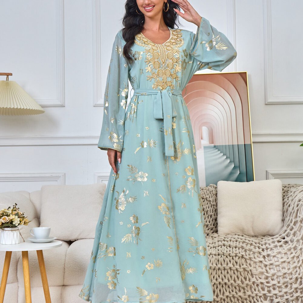 Latest Gold Foil Embroidered Islamic Dress Muslim Blue Caftan