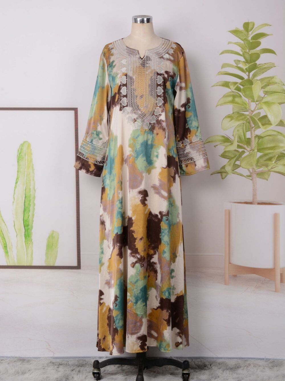 Notched Collar Floral Printed Embroidered Muslim Abaya Dress