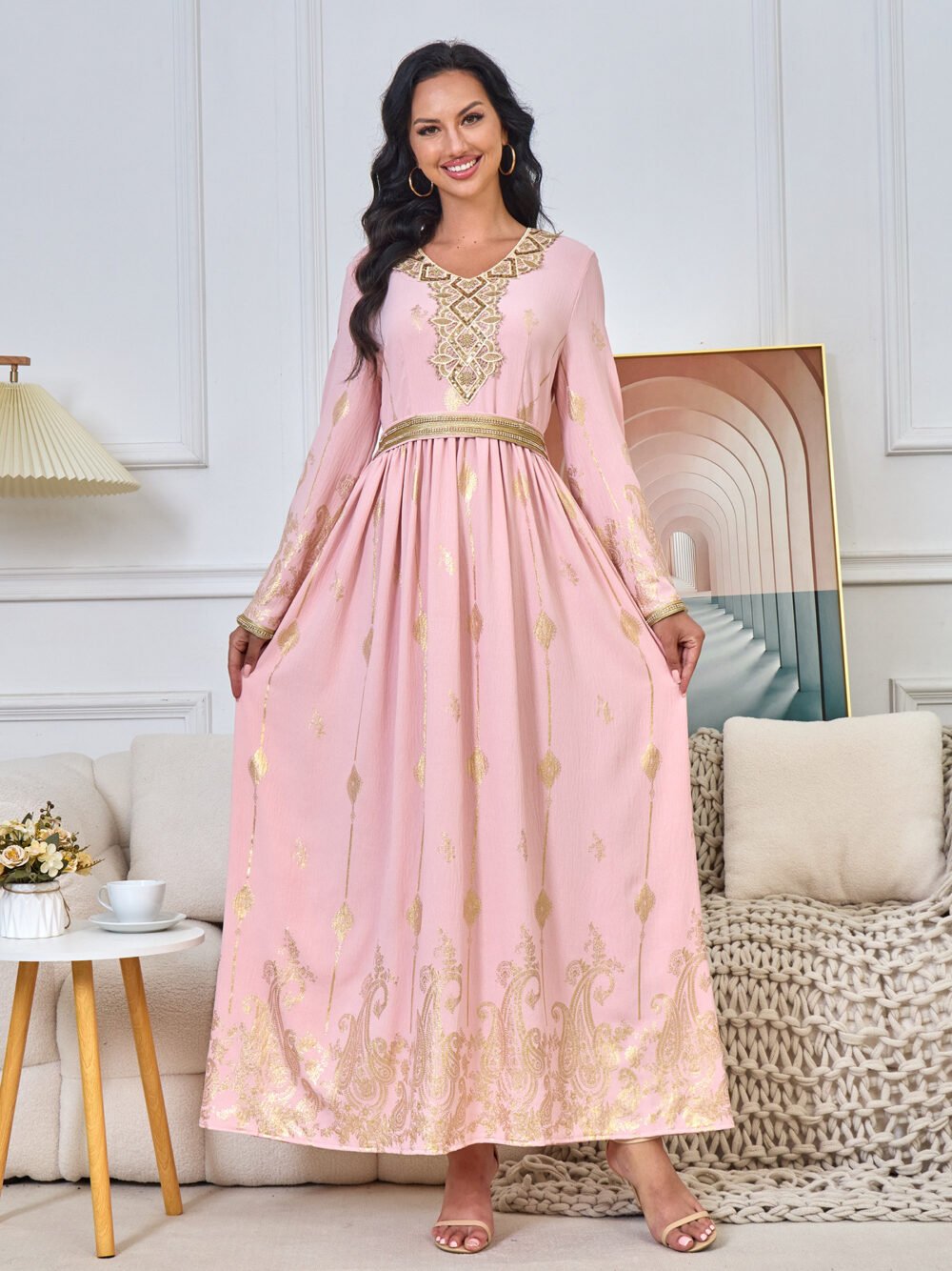 Gold Foil Belted Moroccan Pink Caftan