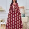 V-notched Collar Maroon Gold Foil Leaf Muslim Kafan Dress