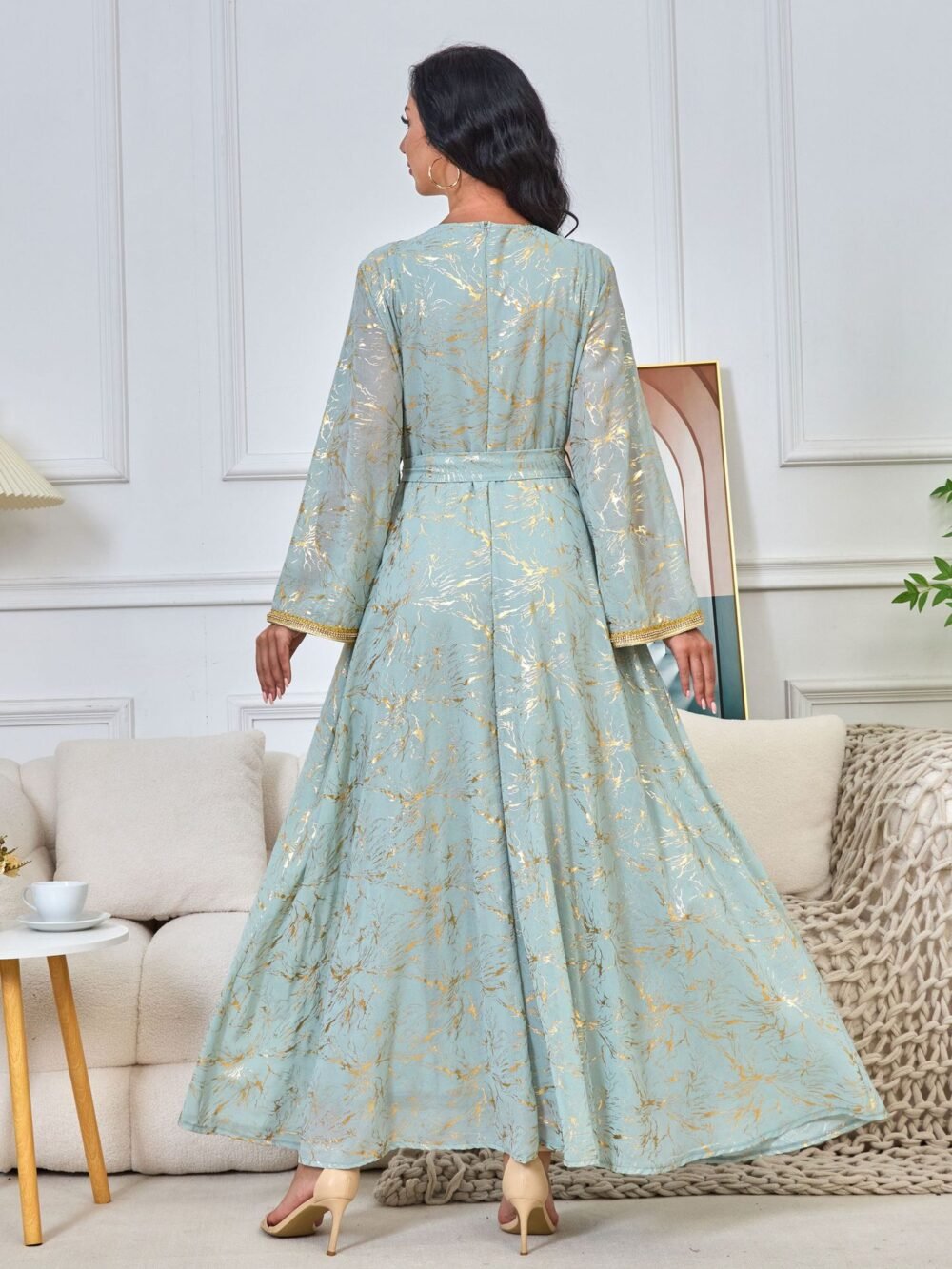 Gold Foil Pattern Bell Sleeve Muslim Caftan Dress