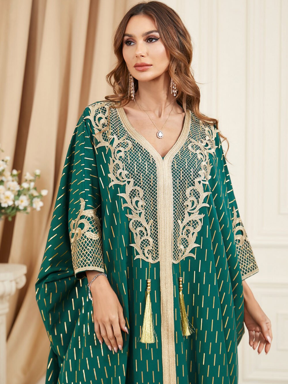 Gold Foil Tassel Decor Green Muslim Kaftan