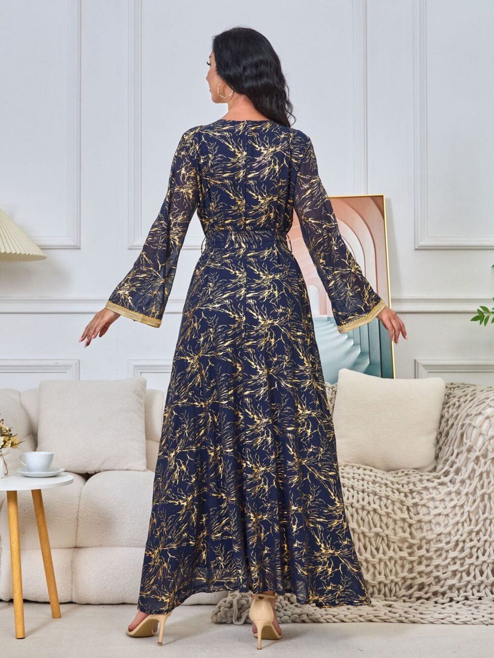 Gold Foil Pattern Bell Sleeve Muslim Caftan Dress