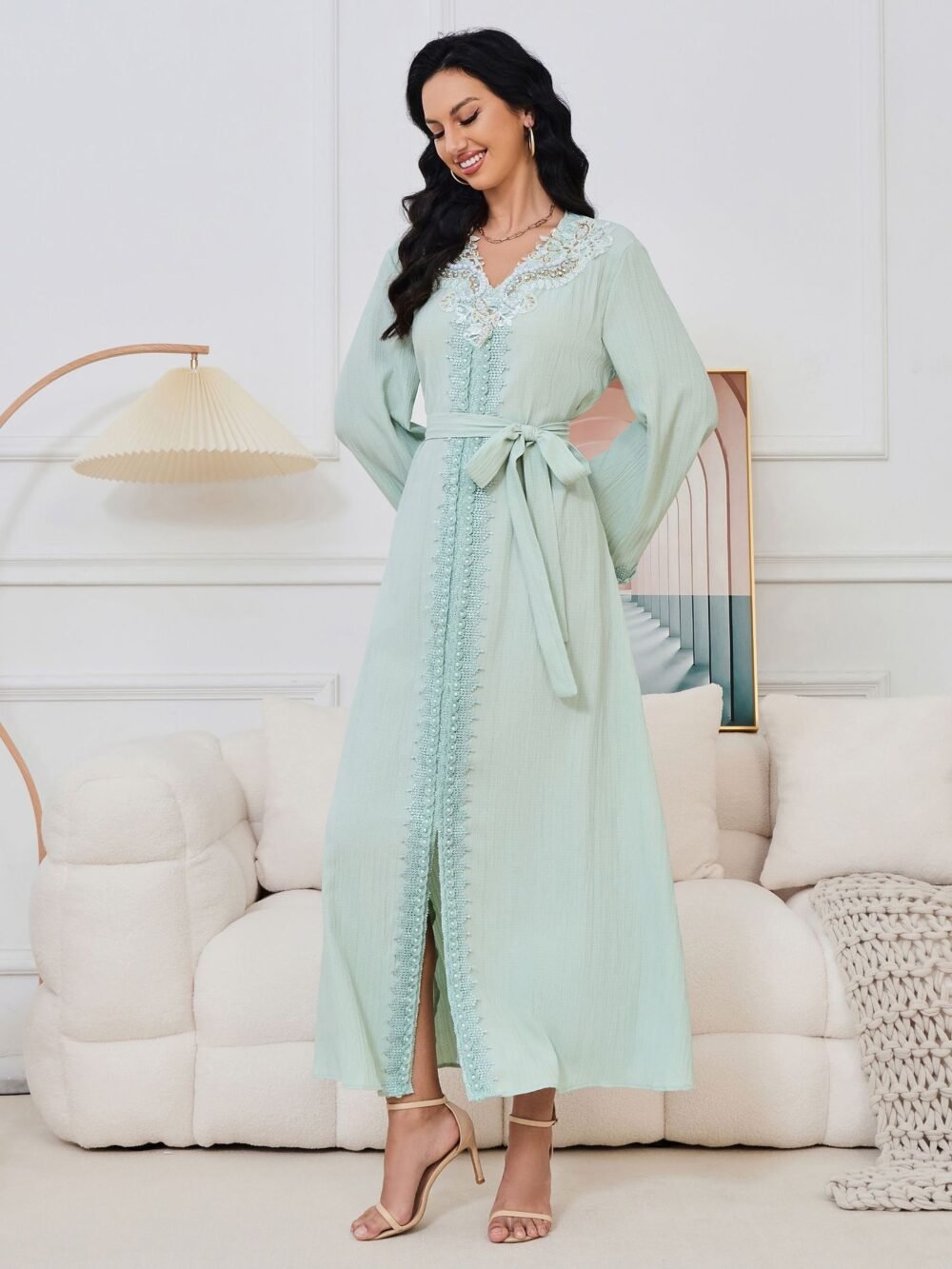 Pearl Decor Beads Embroidered Mint Green Kaftan Dress