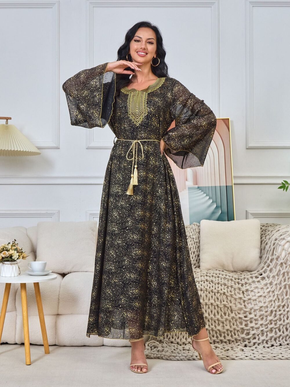 Embroidered Diamonds Muslim Women Black Caftan Dress