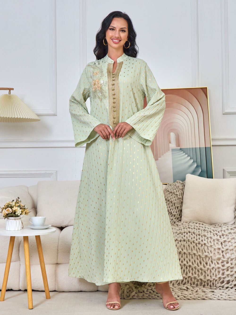 V Notched Collar Beaded Muslim Caftan Dress