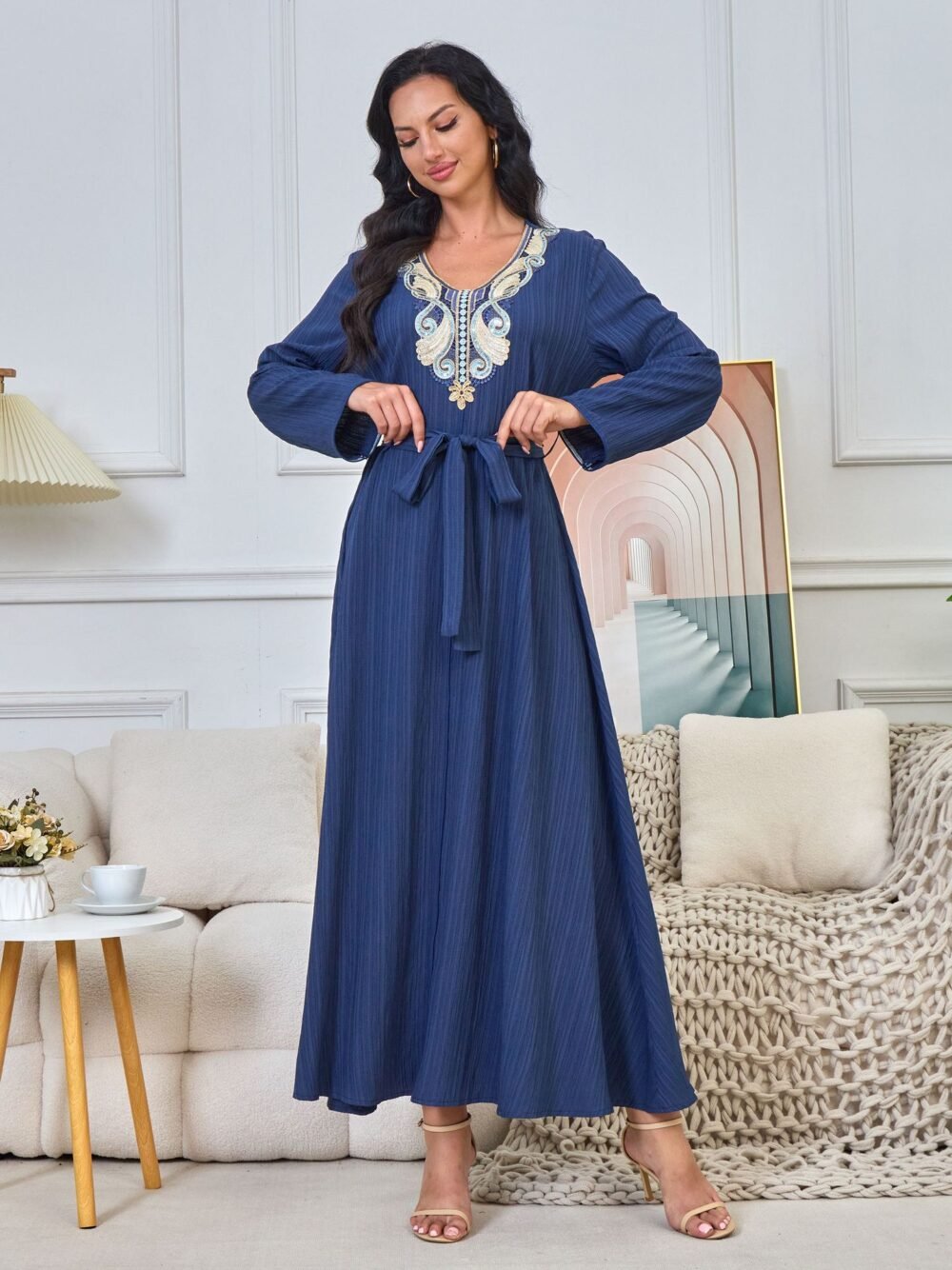 Muslim Modest Maxi Blue Embroideried Dress