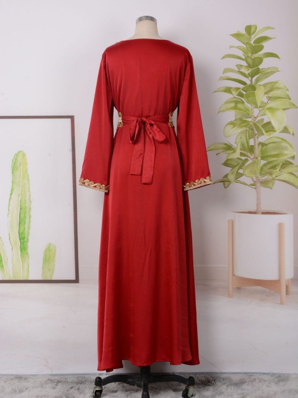 Beaded Red Kaftan Dress With Belt