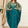 Gold Foil Green Long Sleeve Floor Length Kaftan Robe