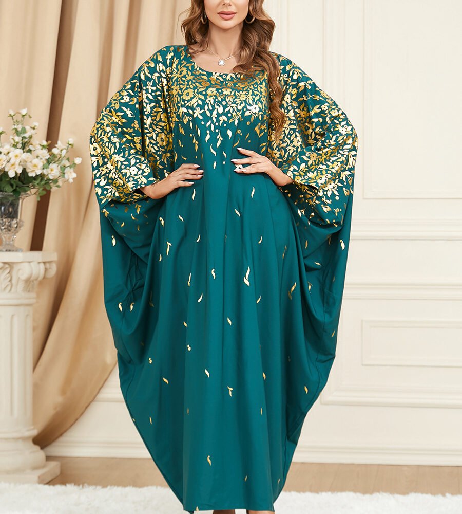 Gold Foil Green Long Sleeve Floor Length Kaftan Robe