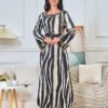 Zebra Stripe Metallic Fringe Belted Muslim Printed Kaftan dress