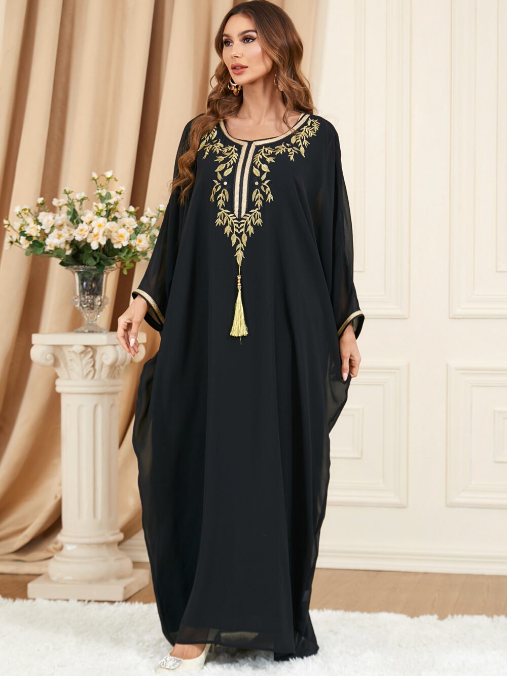 Tassel Decor Embroidered Black Chiffon Katan