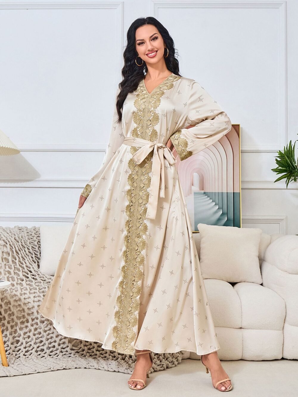 Rhinestone Embroidered Satin Kaftan