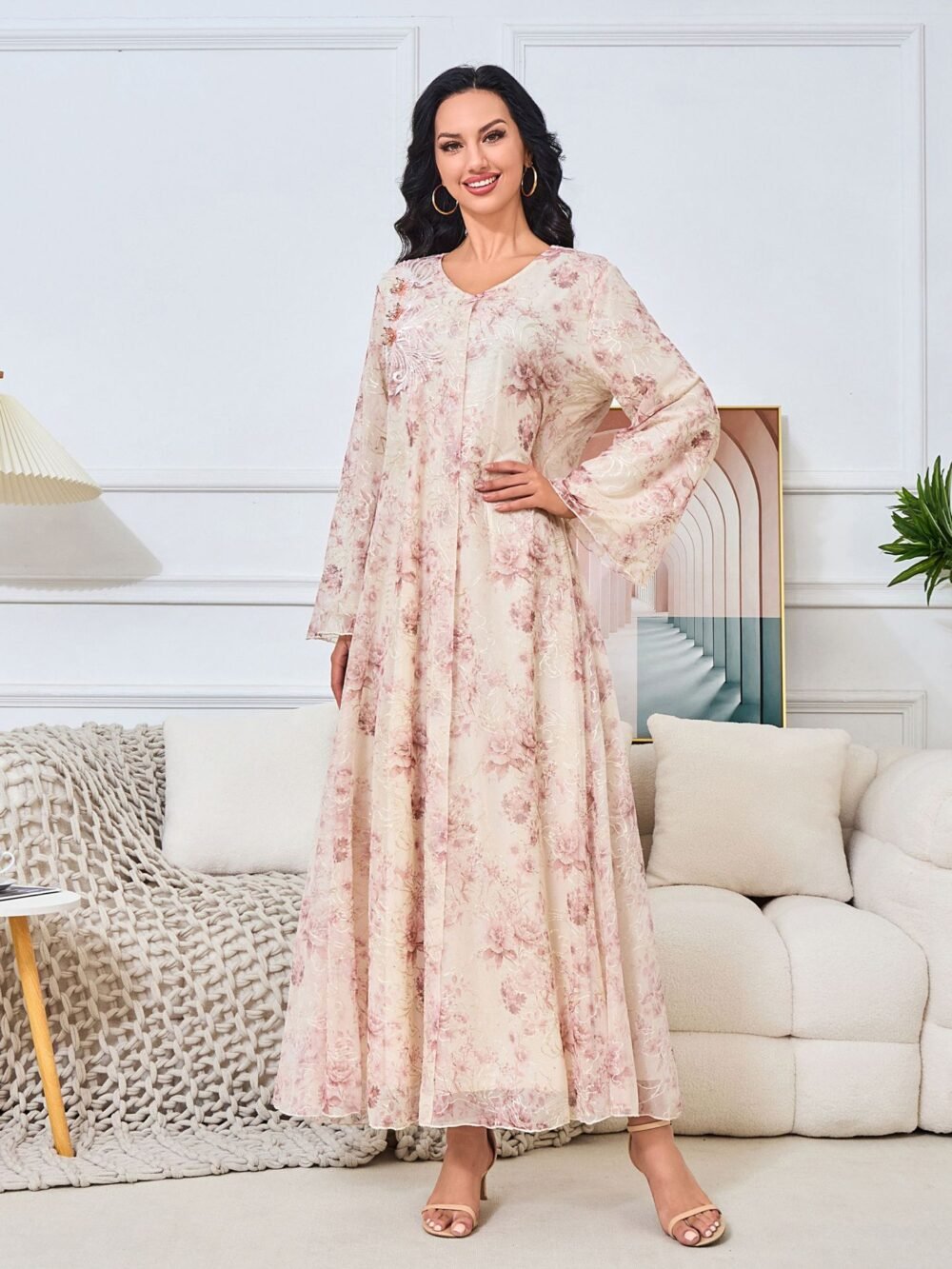 Diamond Embroidered Floral Kaftan Dress