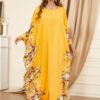 Batwing Sleeve Printed Floral Yellow Muslim Kaftan