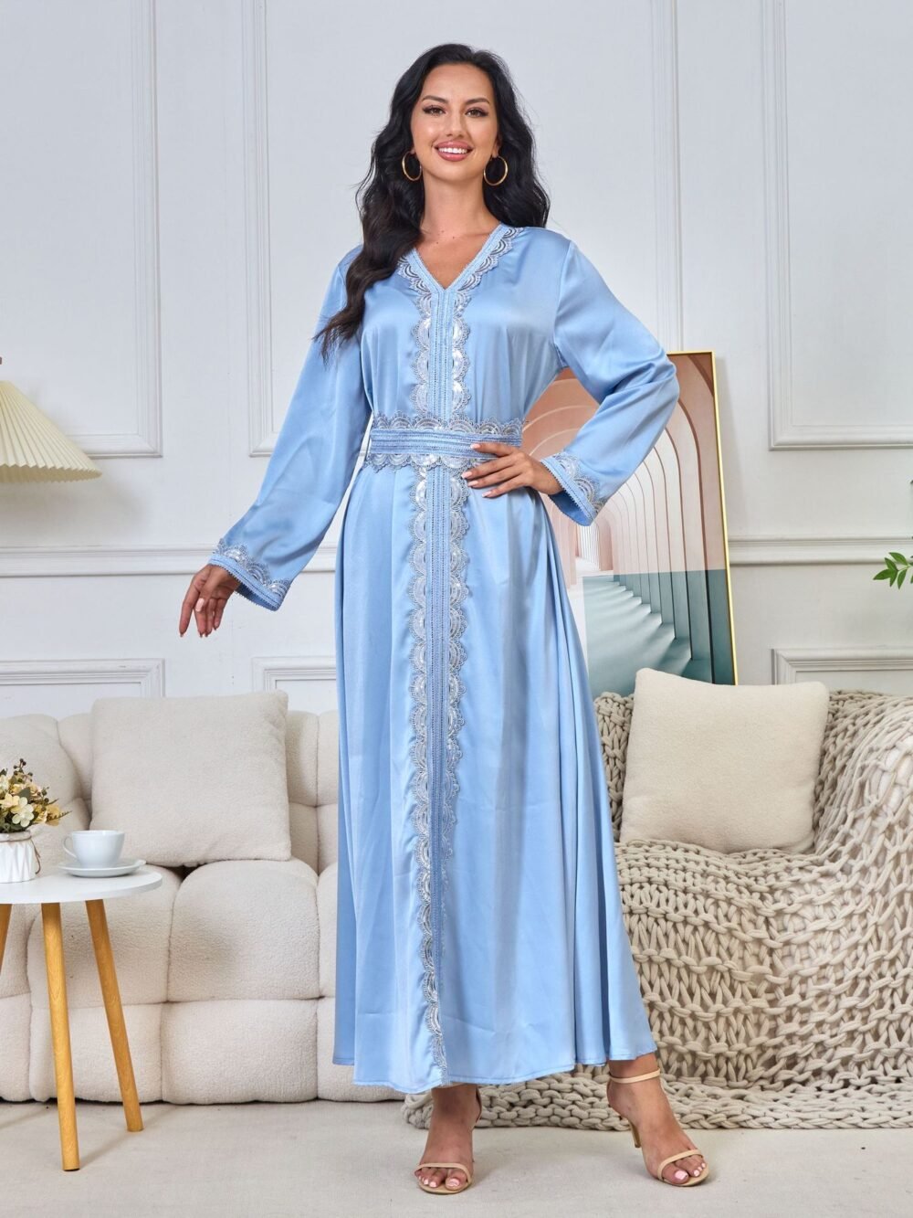 Trim Decor Muslim Blue Caftan Dress