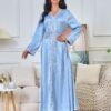 Trim Decor Muslim Blue Caftan Dress