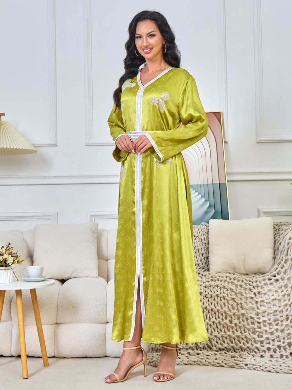 Tape Trim Butterfly Beaded Green Abaya Dress Green Caftan