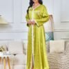 Tape Trim Butterfly Beaded Green Abaya Dress Green Caftan