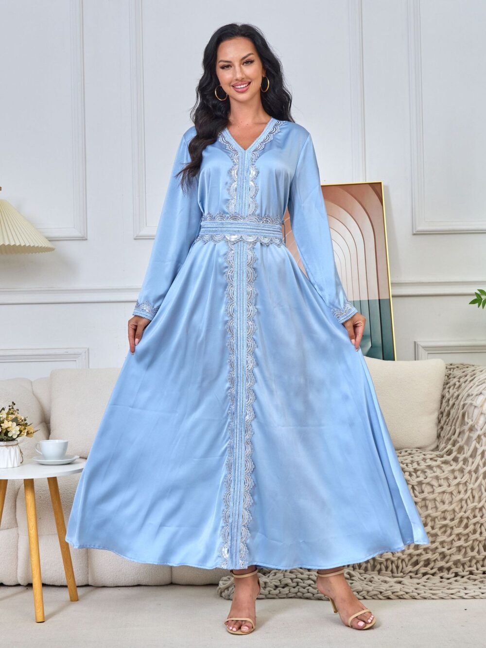 Trim Decor Muslim Blue Caftan Dress