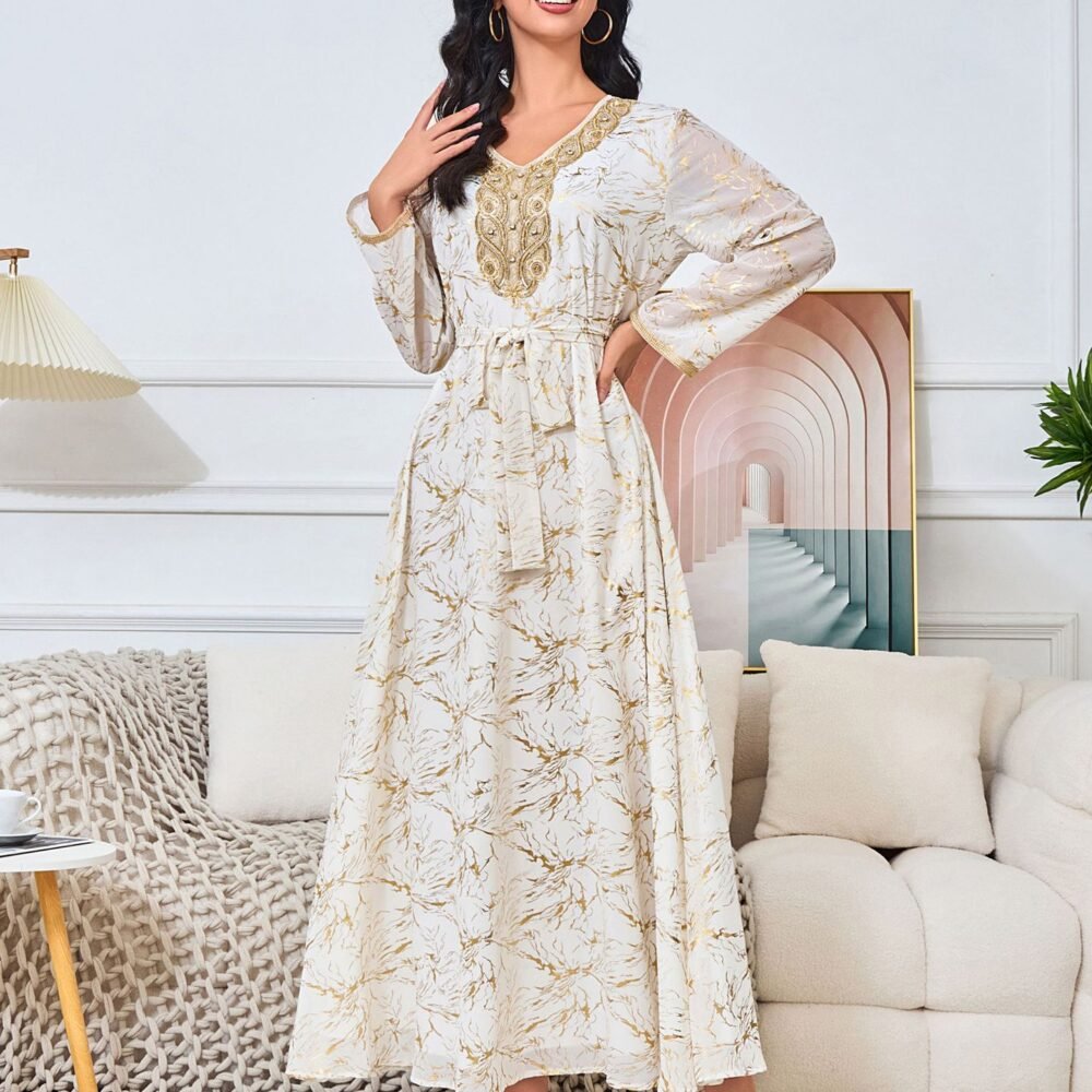 Gold Foil Diamond Embroidered Kaftan Dress