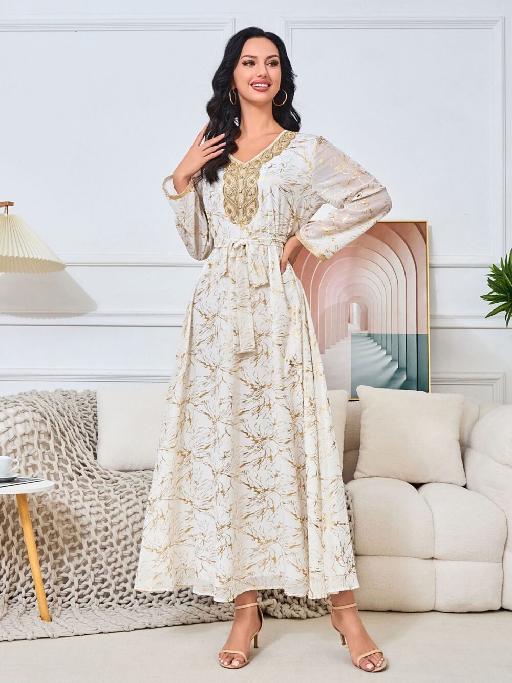 Gold Foil Diamond Embroidered Kaftan Dress