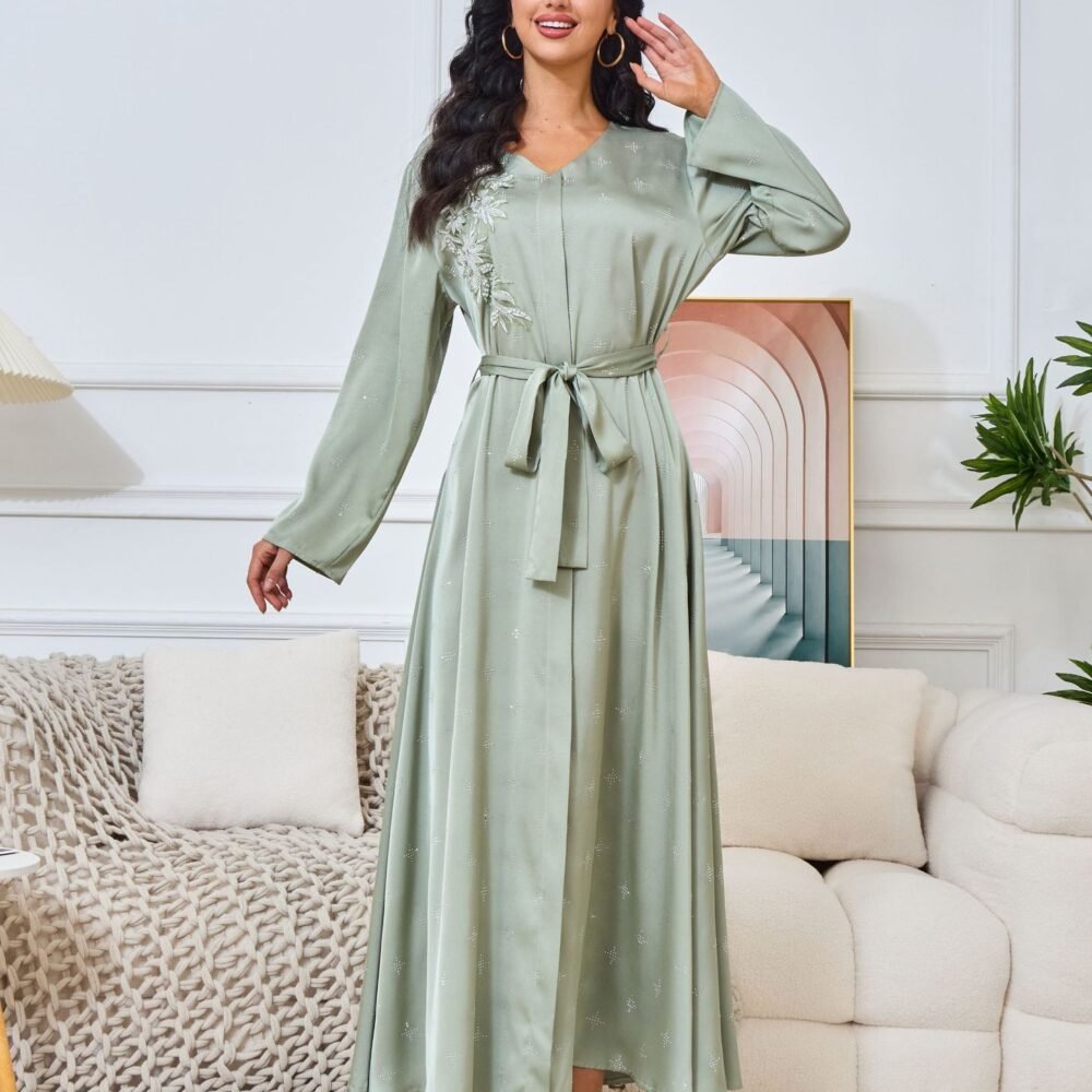 Rhinestone Beaded Embroidered Green Closed Abaya With Belt