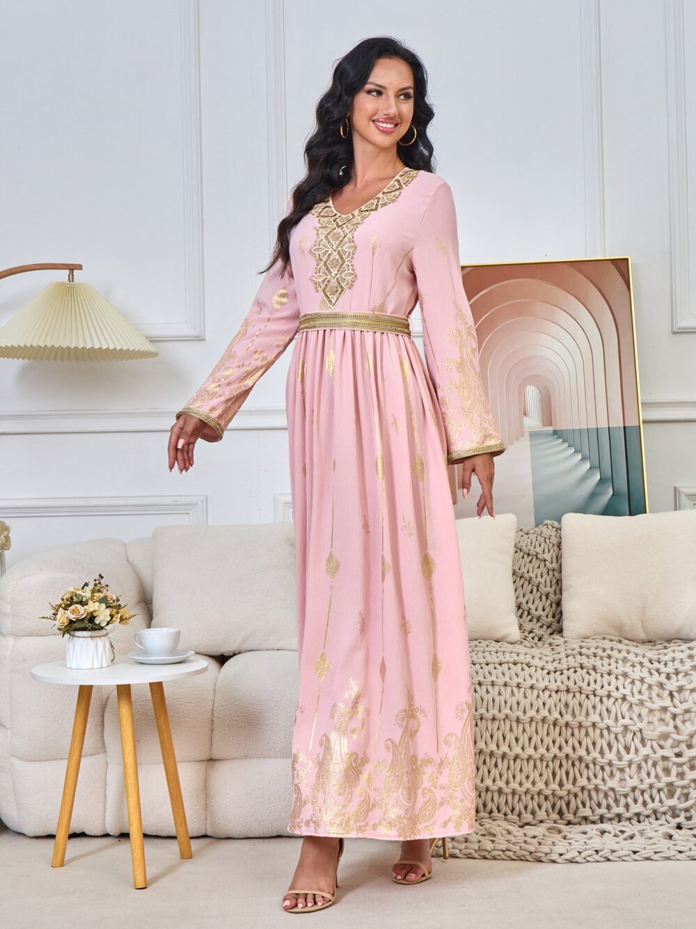 Gold Foil Belted Moroccan Pink Caftan