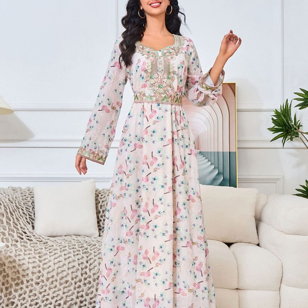 Round Neckline Floral Embroidered Kaftan Dress