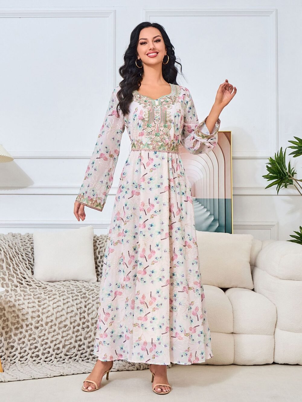 Round Neckline Floral Embroidered Kaftan Dress