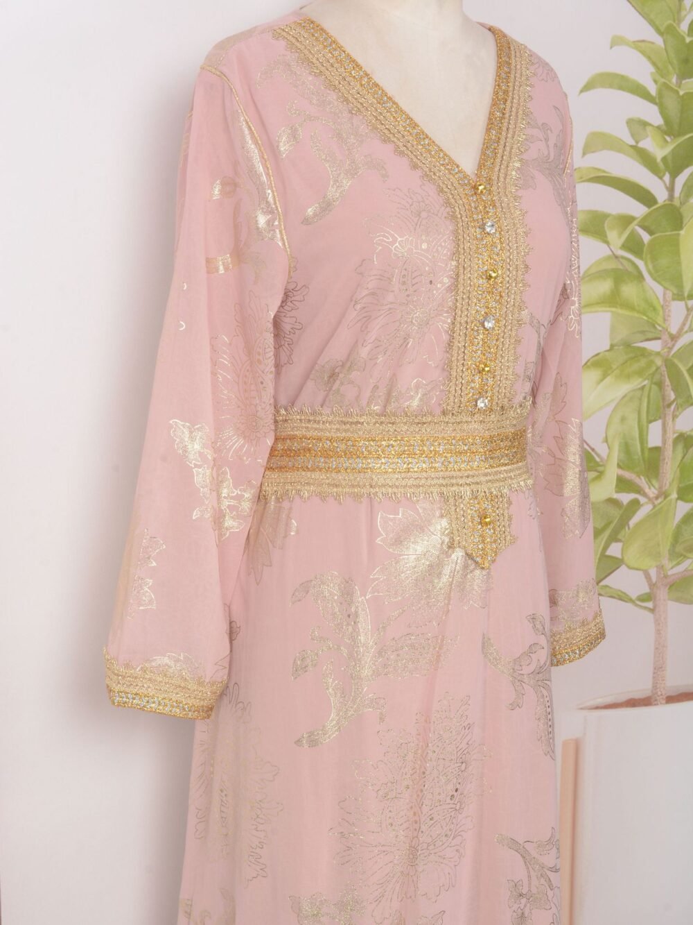 Gold Foil Belted Kaftan Dress