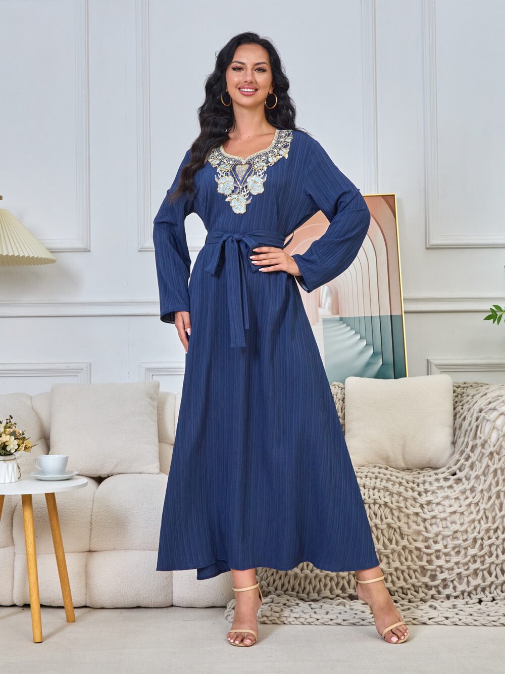 Floral Embroidered Muslim Belted Midi Dress