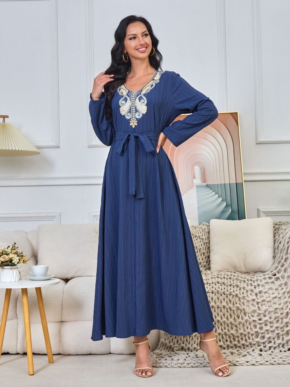 Muslim Modest Maxi Blue Embroideried Dress