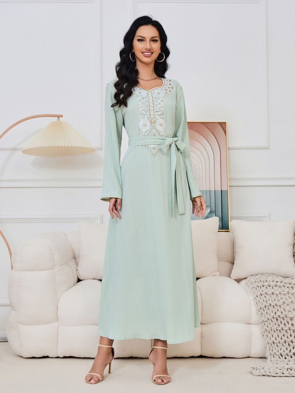 Pearl Decor Beads Embroidered Mint Green Muslim Kaftan