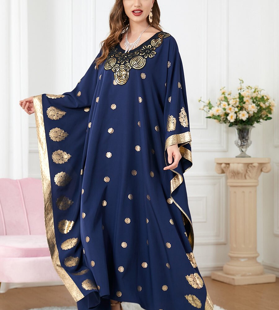 Gold Foil Long Sleeve Blue Sequin Cotton Kaftan Robe