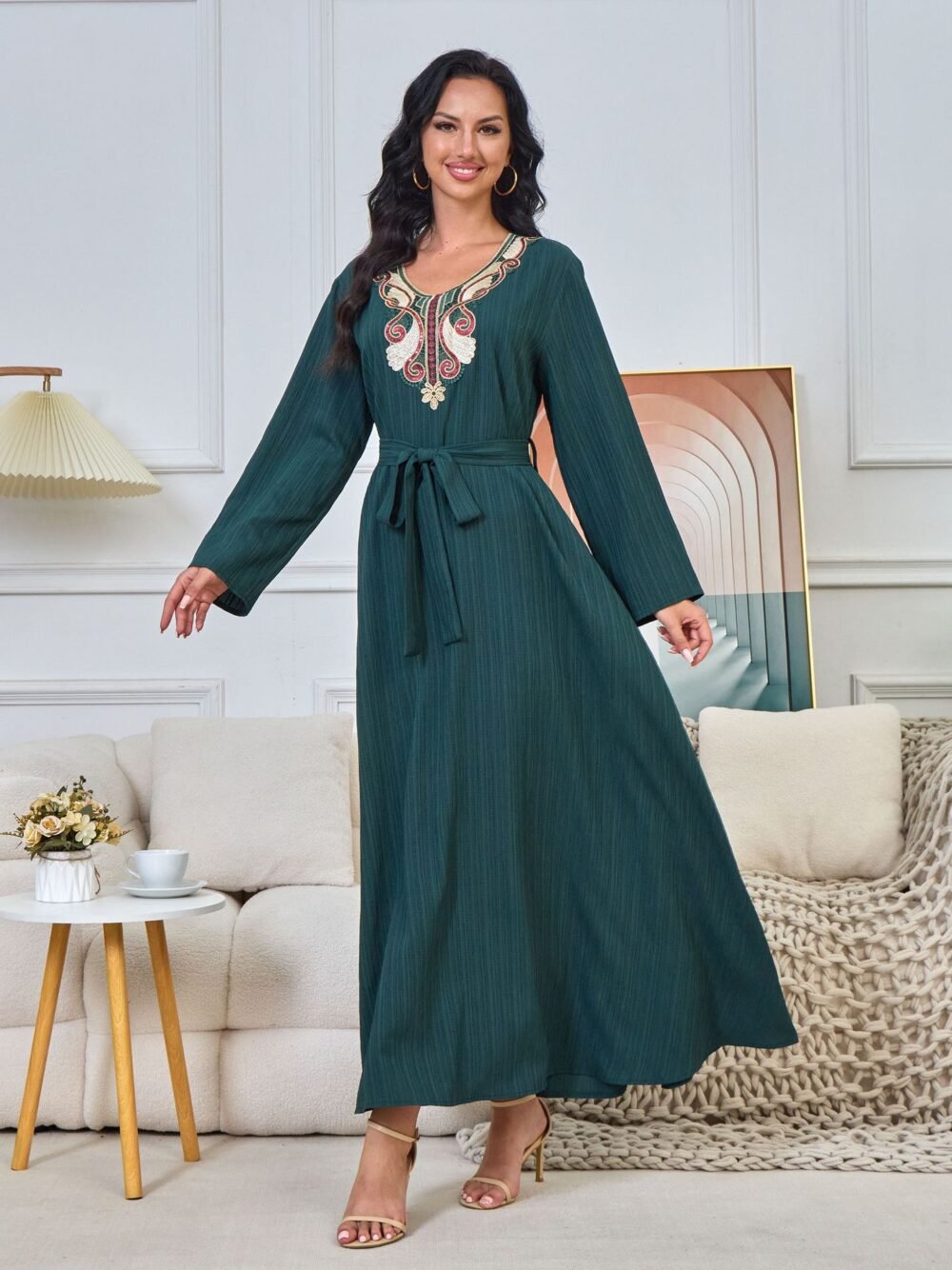 Floral Embroidered Muslim Belted Green Caftan Dress