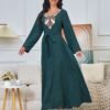 Floral Embroidered Muslim Belted Green Caftan Dress